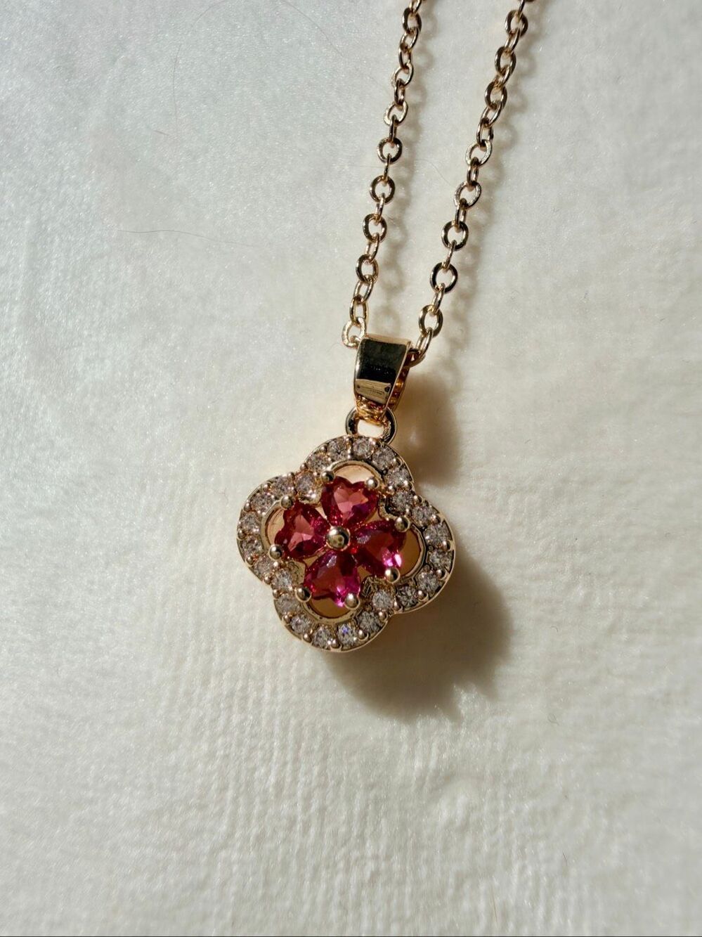 Ruby Pinkish red Floral Cubic Zirconia Halo Pendant Necklace Gold Tone